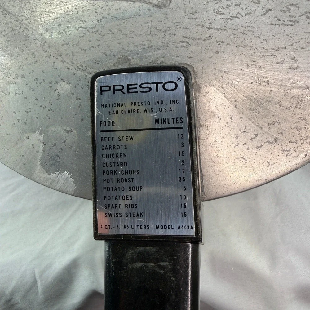 Presto 4 Qt Aluminum Pressure Cooker Model A403A Vintage Stovetop Silver Black